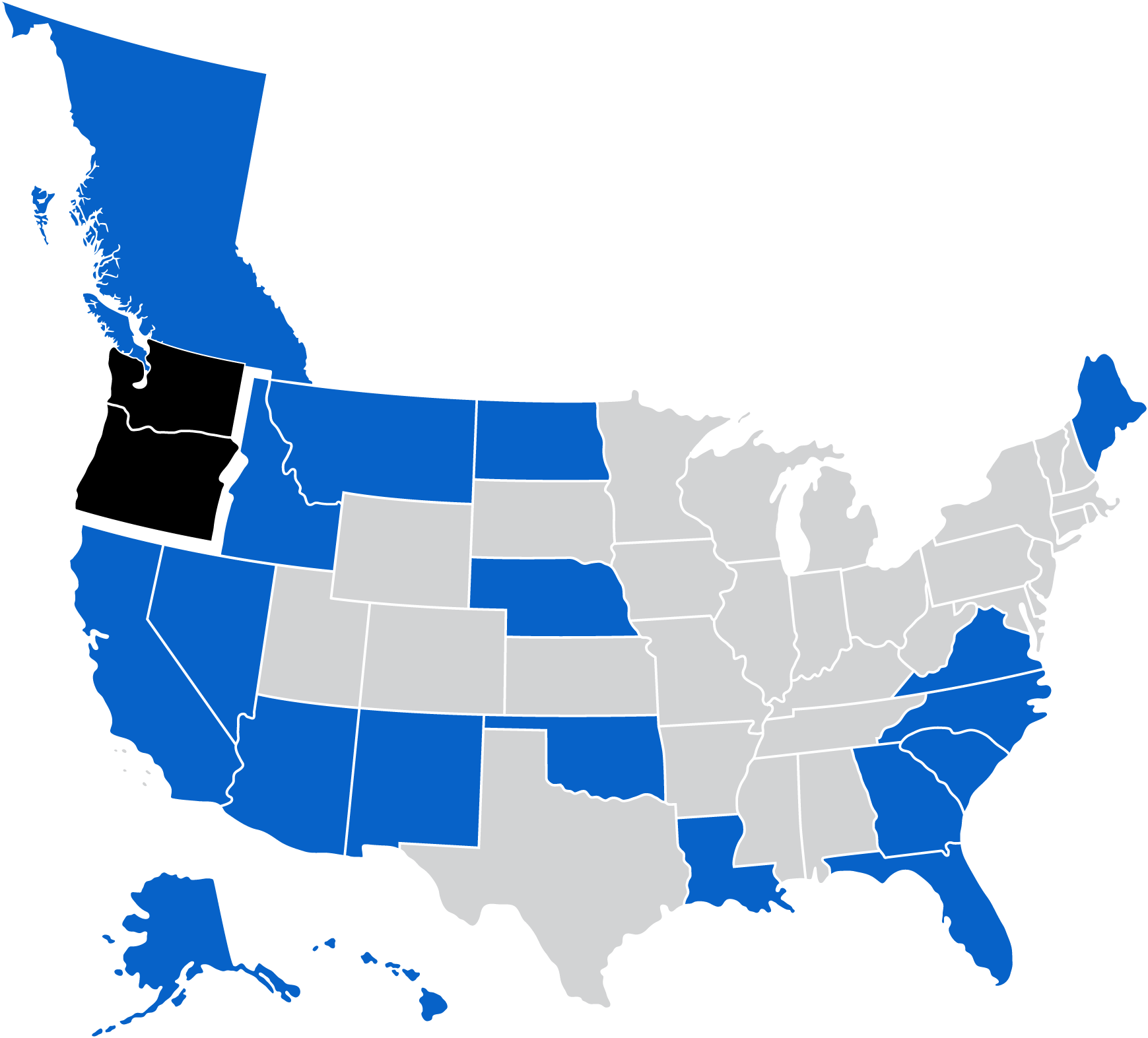 Map of the United States highlighting Garrett Electric service states, with location pins on Springfield, Oregon and Olympia and Richland, Washington